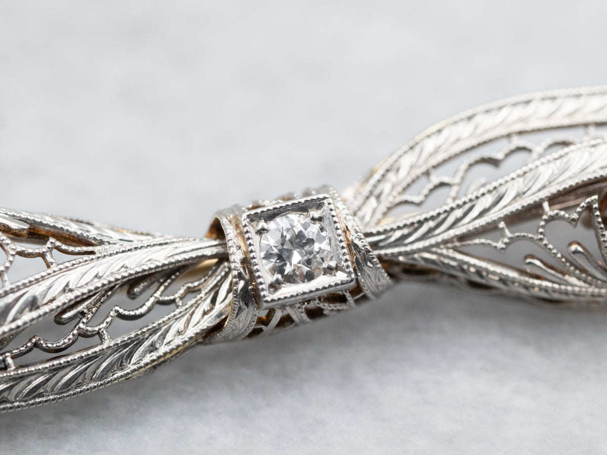 Art Deco European Cut Diamond Filigree Bow Pin