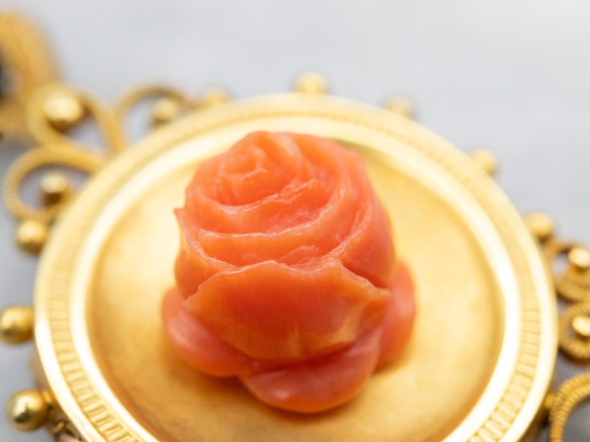 Etruscan Revival Coral Rose and Seed Pearl Pendant or Brooch