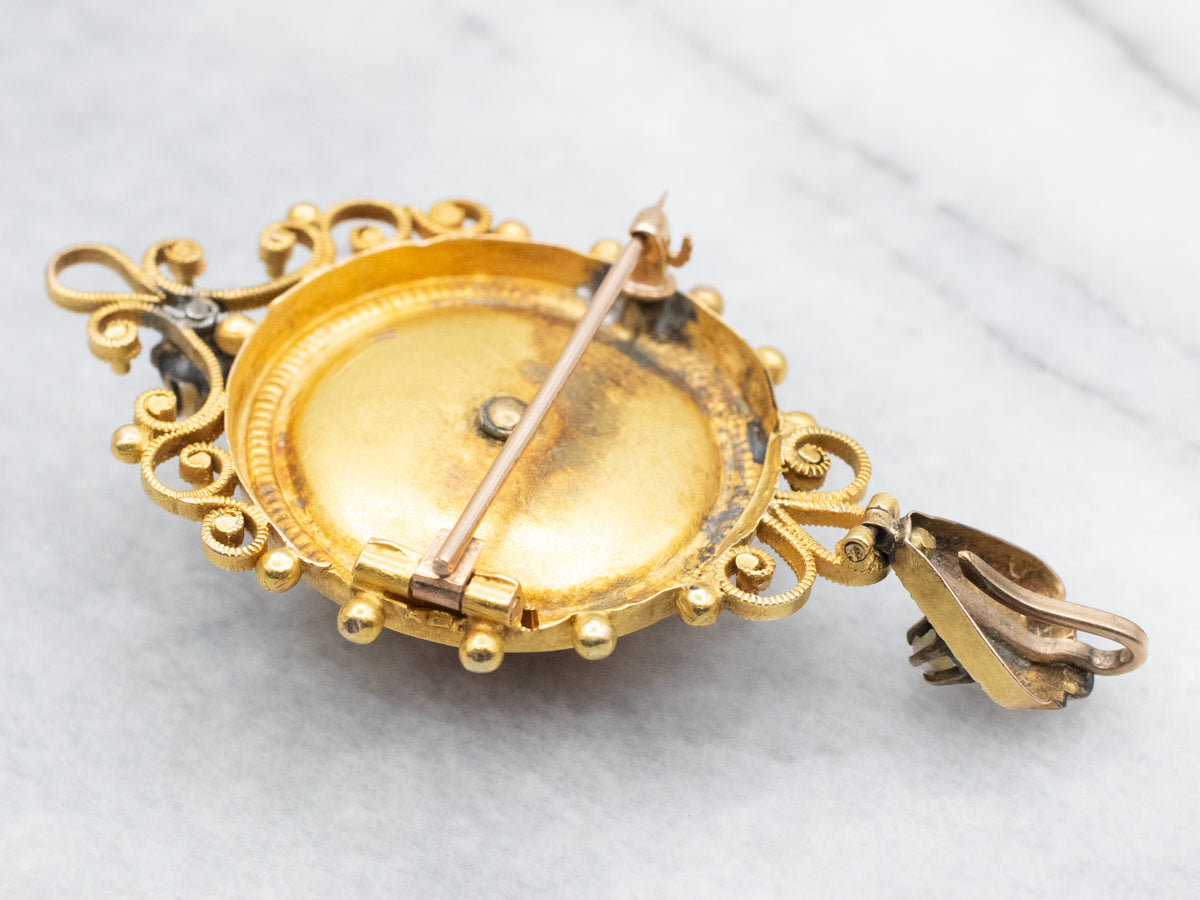 Etruscan Revival Coral Rose and Seed Pearl Pendant or Brooch