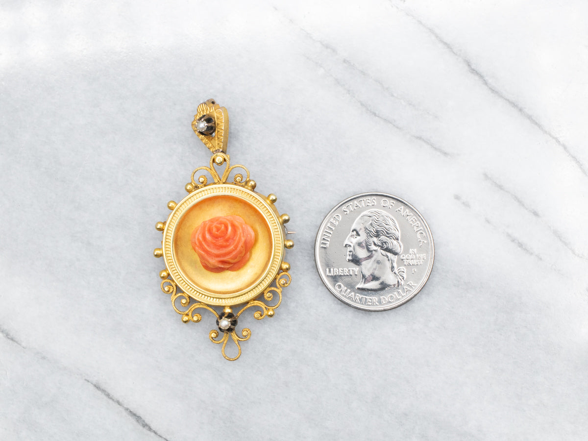 Etruscan Revival Coral Rose and Seed Pearl Pendant or Brooch