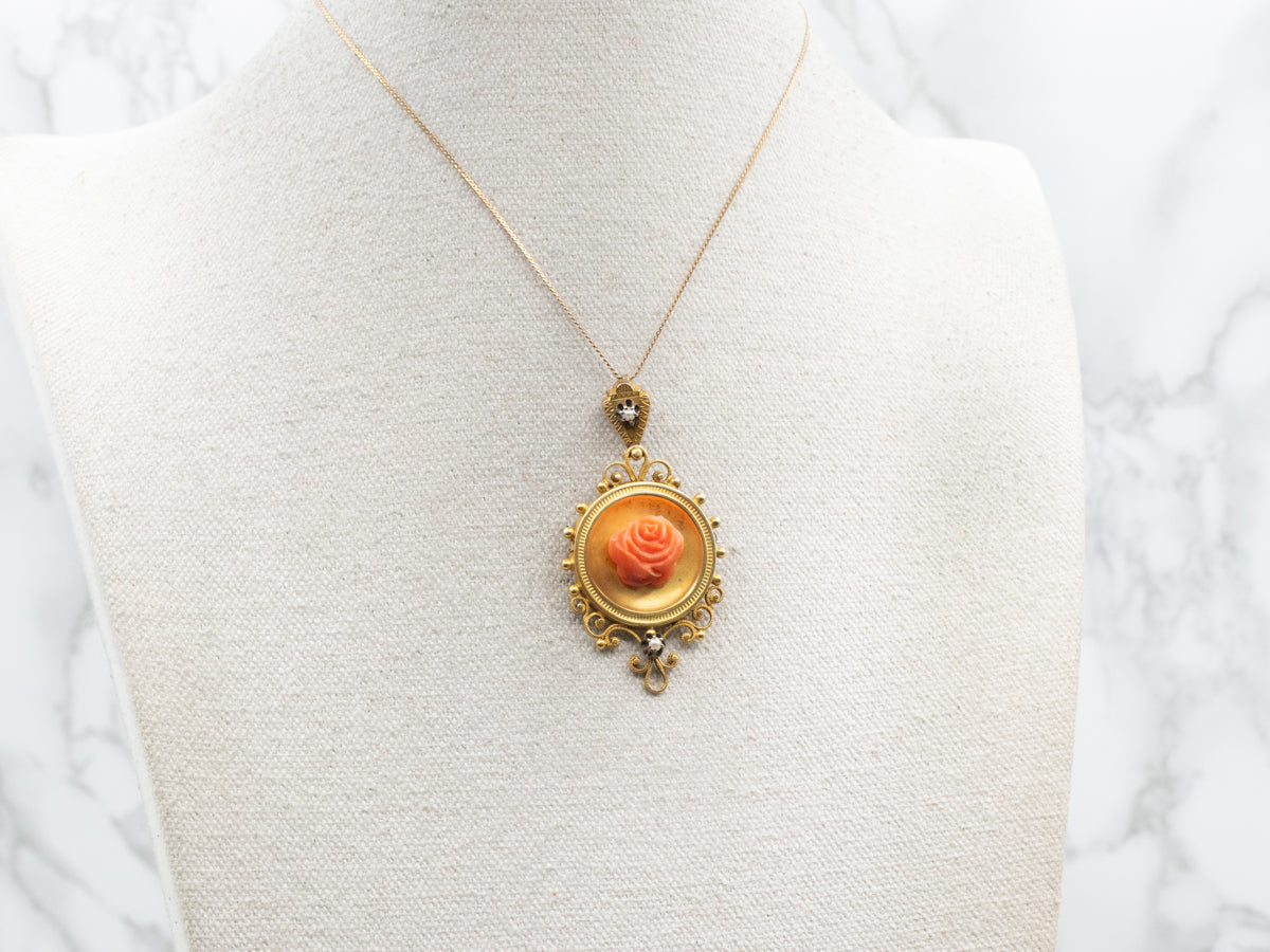 Etruscan Revival Coral Rose and Seed Pearl Pendant or Brooch