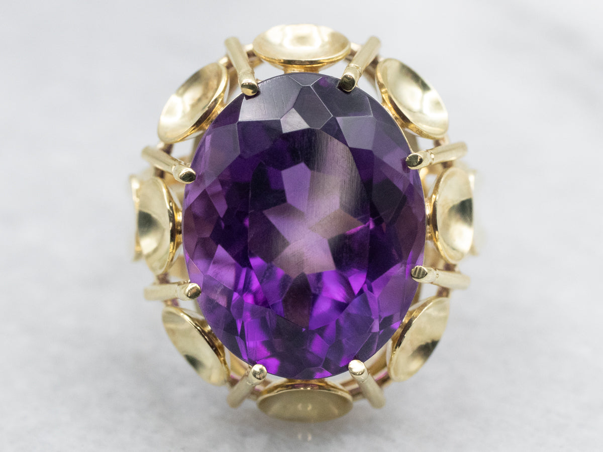 Mid-Century Green Gold Amethyst Cocktail Ring