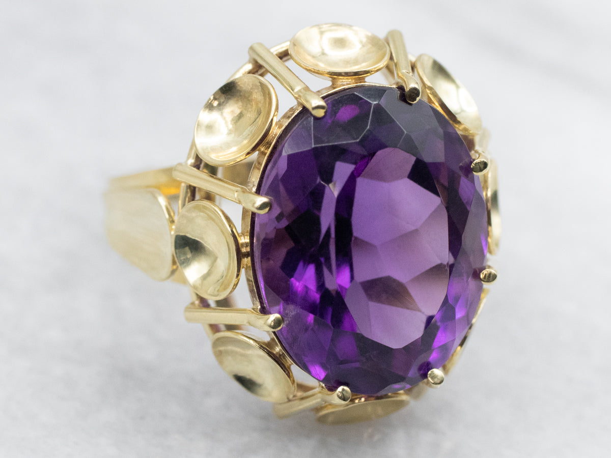 Mid-Century Green Gold Amethyst Cocktail Ring