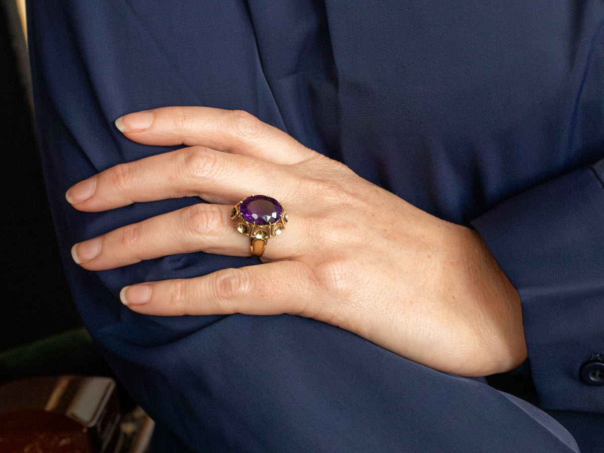 Mid-Century Green Gold Amethyst Cocktail Ring
