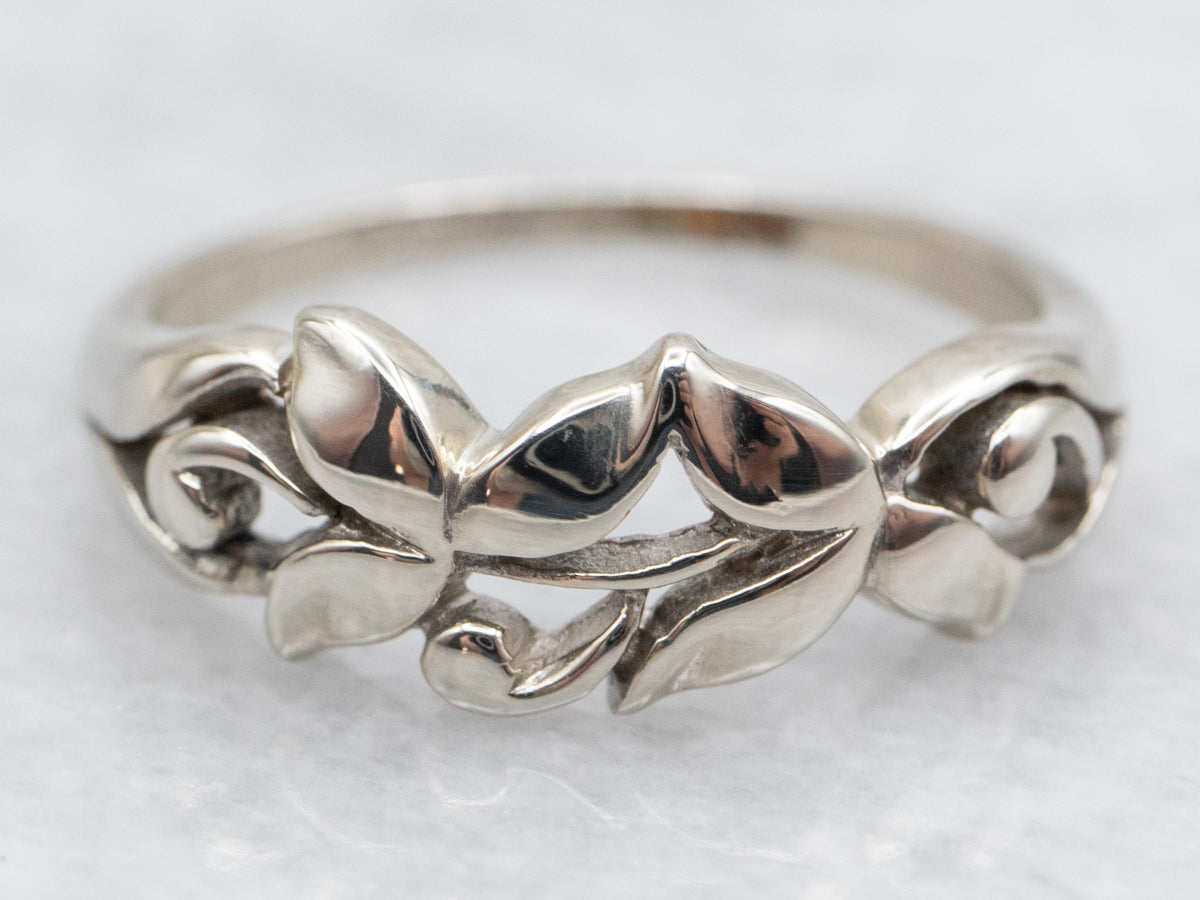 Vintage Art Carved White Gold Botanical Band