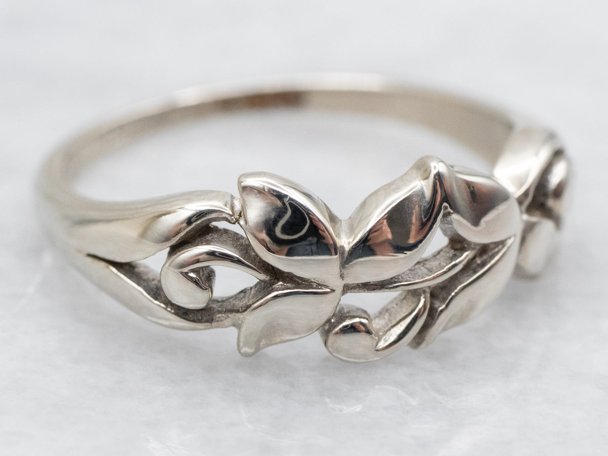 Vintage Art Carved White Gold Botanical Band