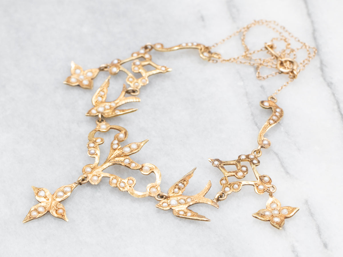 Art Nouveau Seed Pearl Botanical and Sparrow Necklace