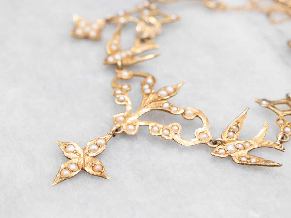 Art Nouveau Seed Pearl Botanical and Sparrow Necklace