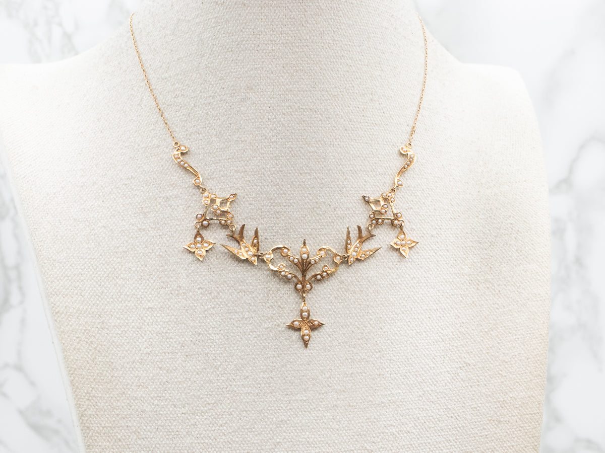 Art Nouveau Seed Pearl Botanical and Sparrow Necklace