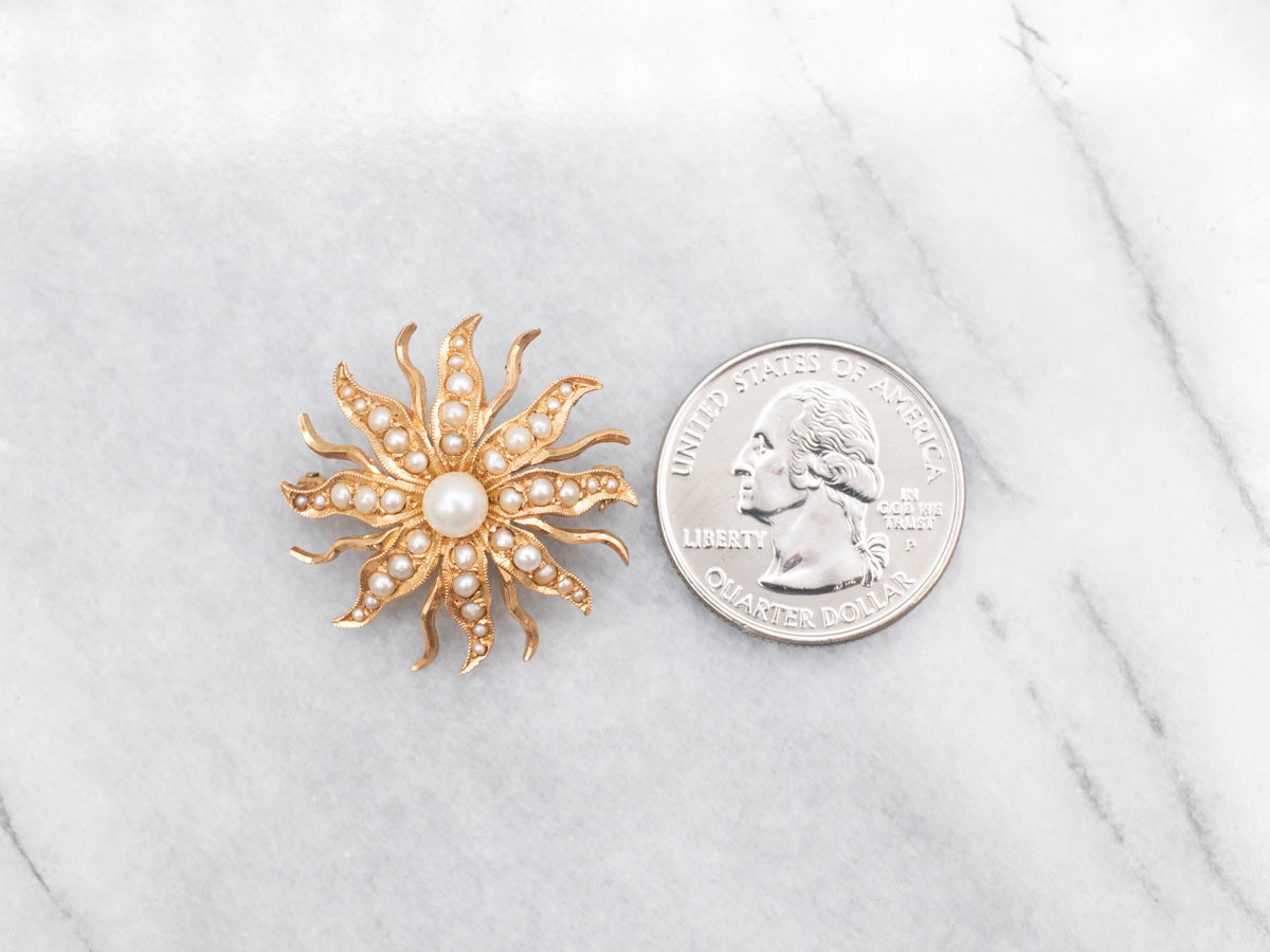 Victorian Era Seed Pearl Sunburst Brooch