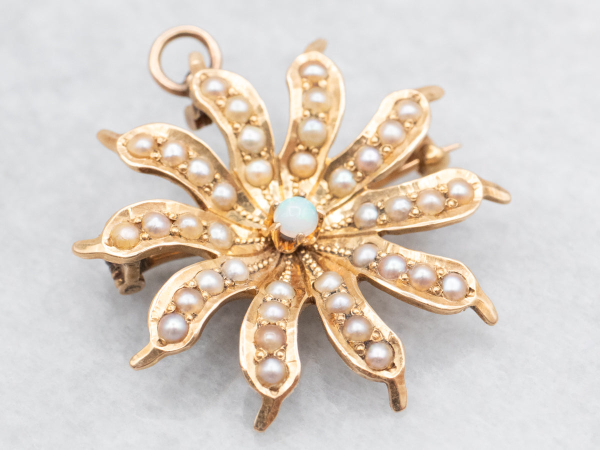 Victorian Opal and Seed Pearl Flower Brooch or Pendant