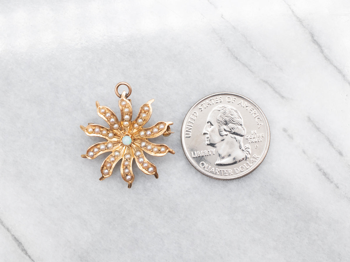 Victorian Opal and Seed Pearl Flower Brooch or Pendant