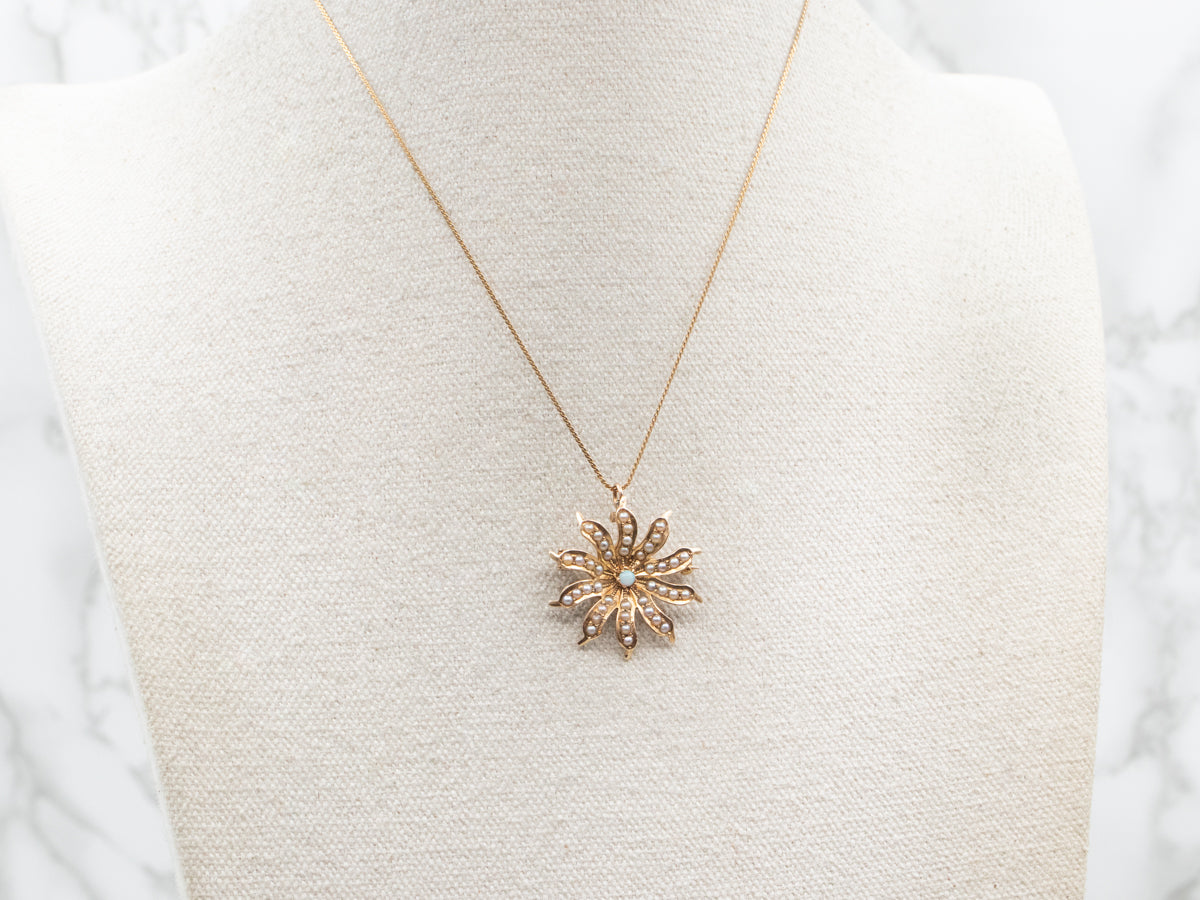 Victorian Opal and Seed Pearl Flower Brooch or Pendant
