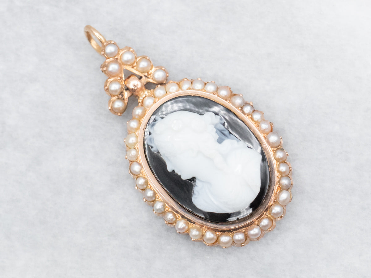 Victorian Onyx Cameo and Seed Pearl Pendant
