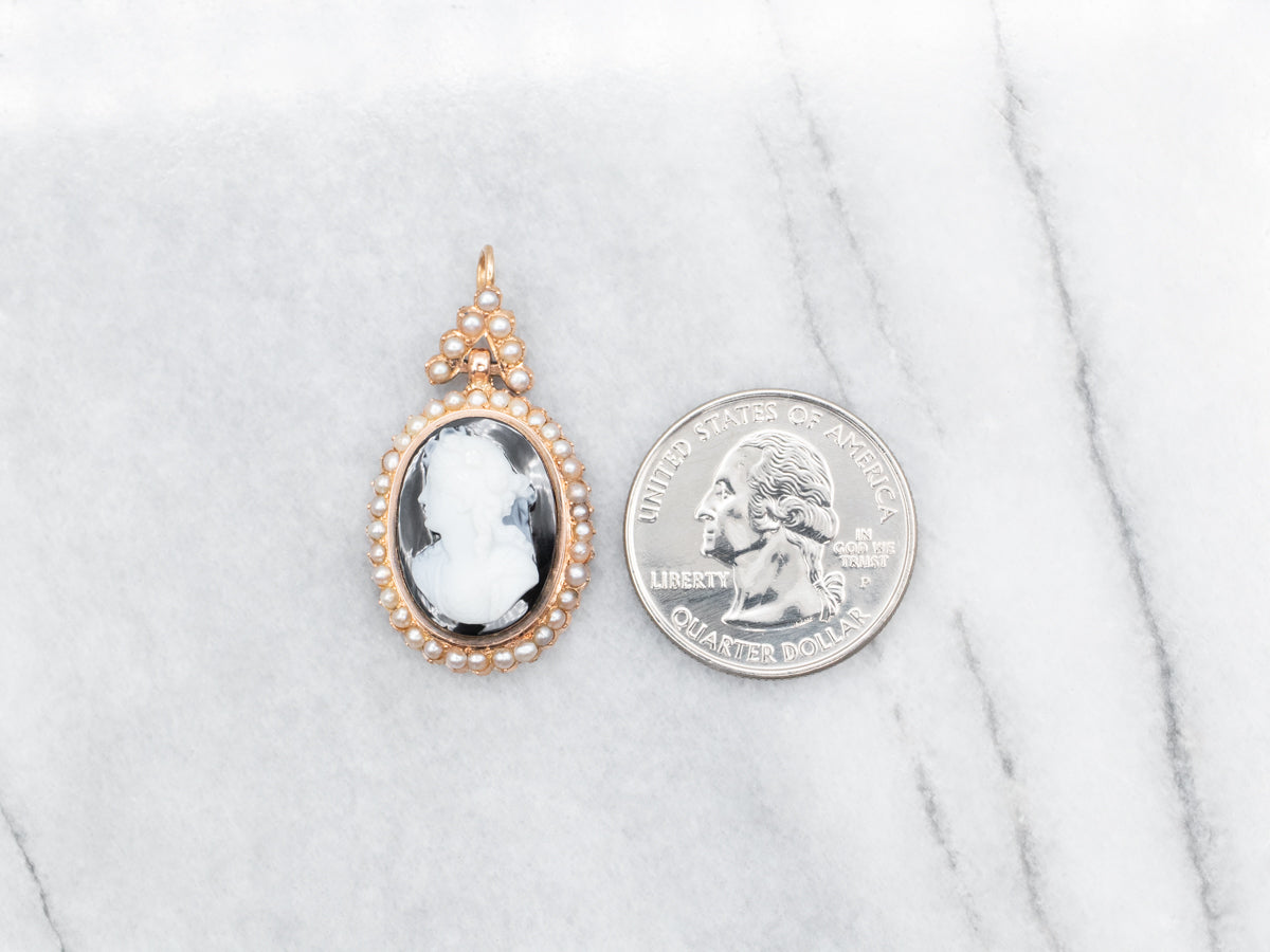 Victorian Onyx Cameo and Seed Pearl Pendant