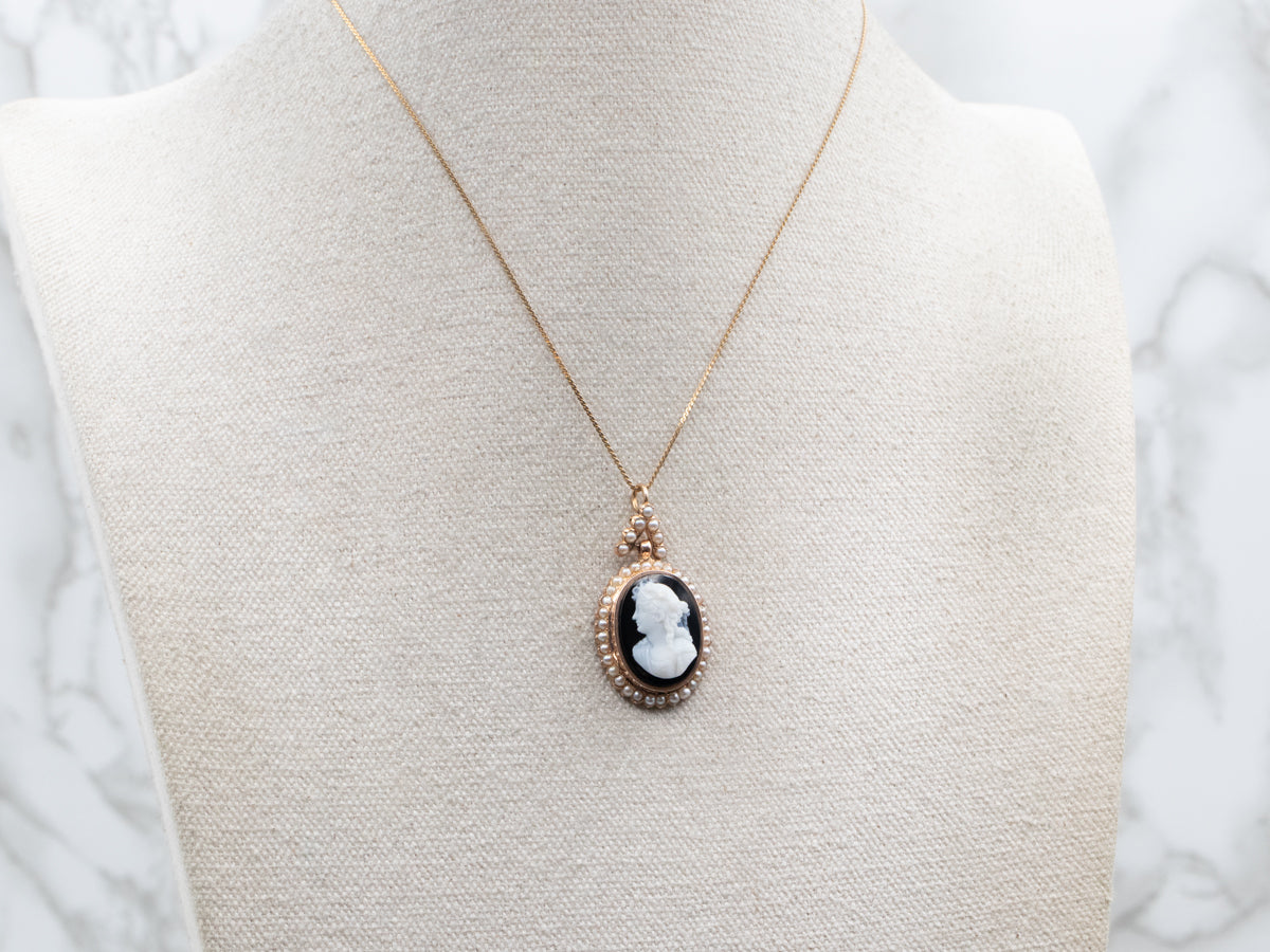 Victorian Onyx Cameo and Seed Pearl Pendant