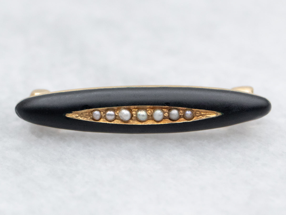Victorian Black Enamel and Seed Pearl Brooch
