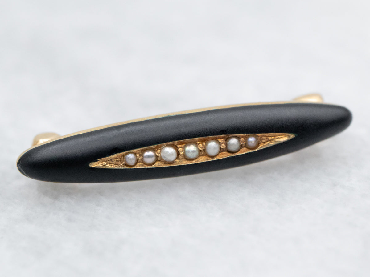 Victorian Black Enamel and Seed Pearl Brooch