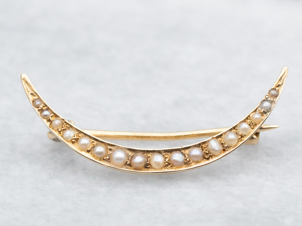 Art Nouveau Era Seed Pearl Crescent Moon Brooch
