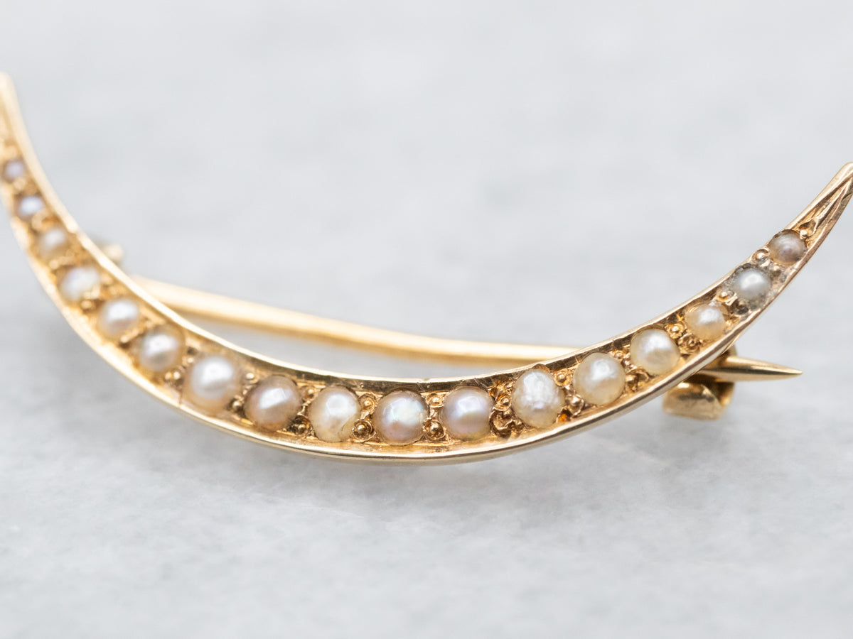 Art Nouveau Era Seed Pearl Crescent Moon Brooch