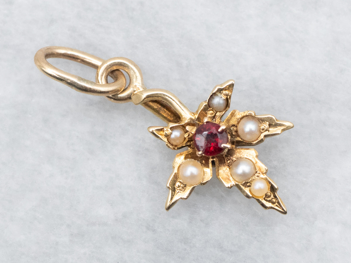 Antique Garnet and Seed Pearl Leaf Pendant