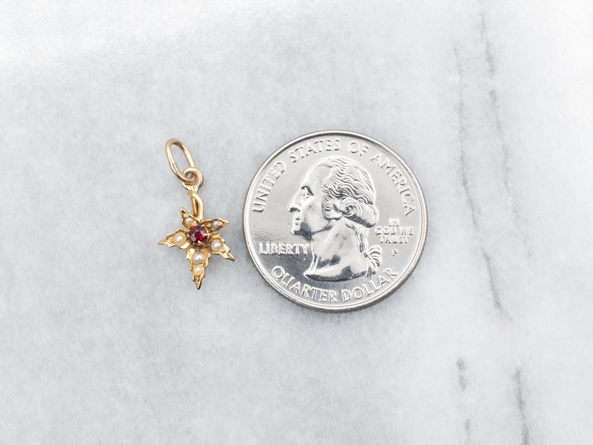 Antique Garnet and Seed Pearl Leaf Pendant