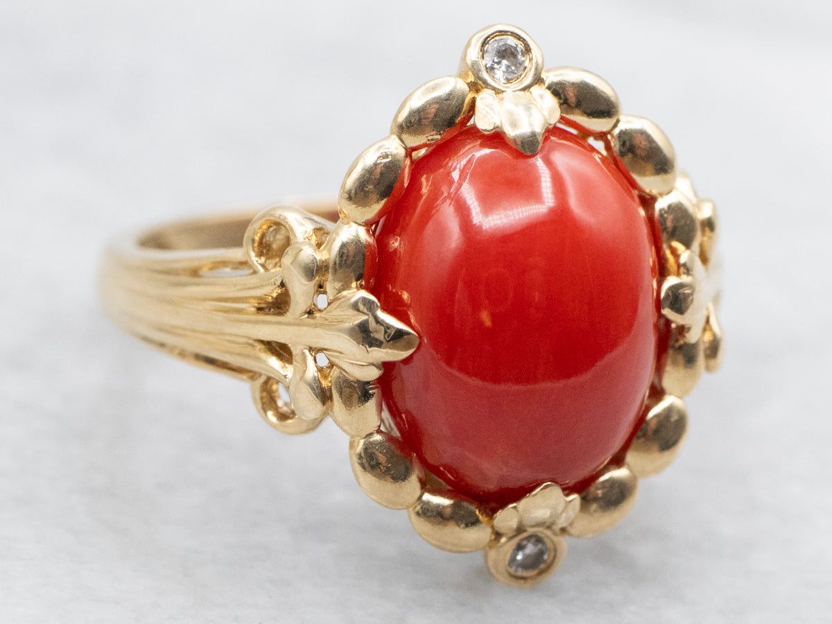 Oval Cut Coral and Diamond Ring