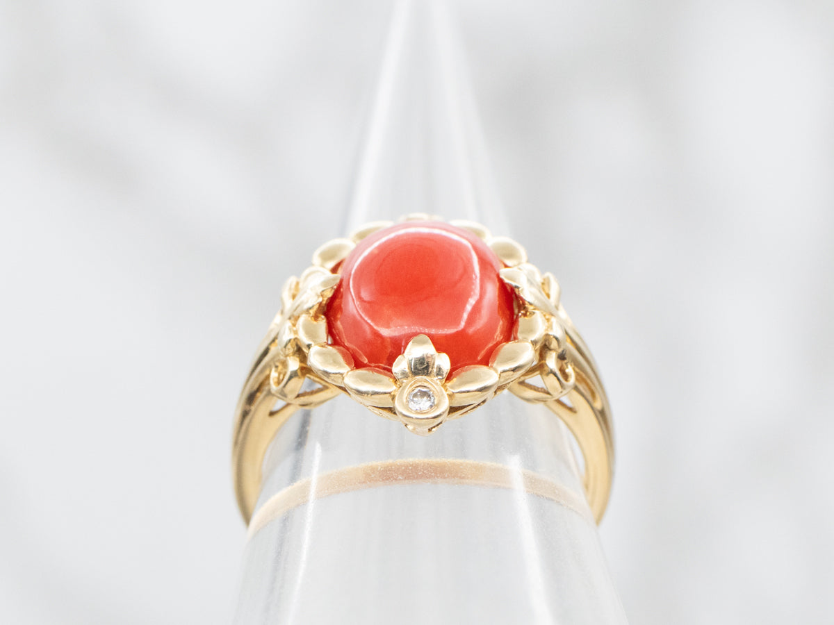 Oval Cut Coral and Diamond Ring