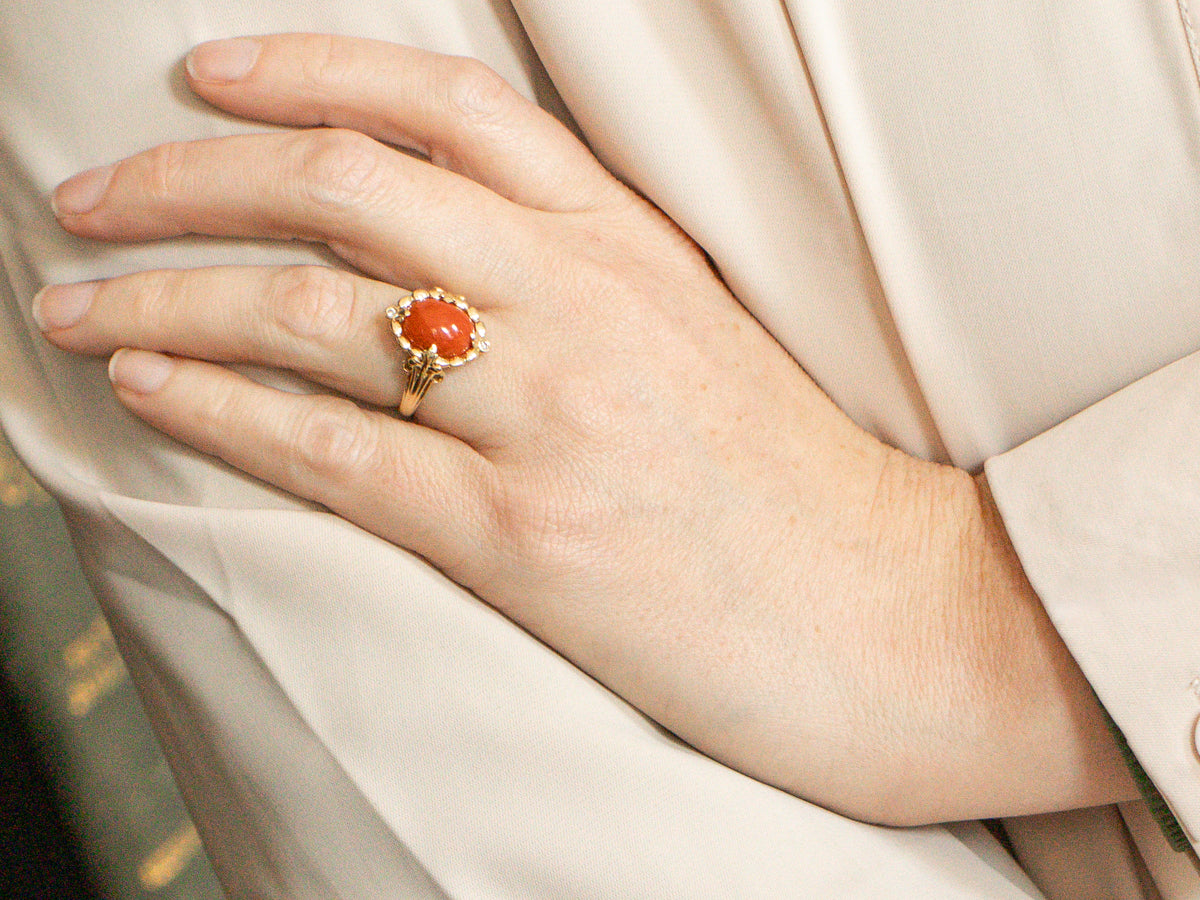 Oval Cut Coral and Diamond Ring