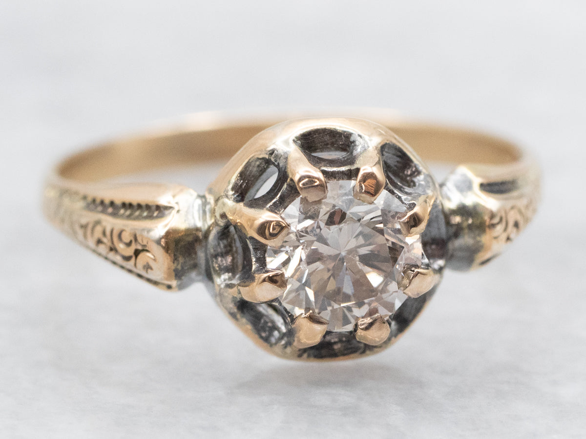 Vintage Belcher Set Champagne Diamond Solitaire Engagement Ring