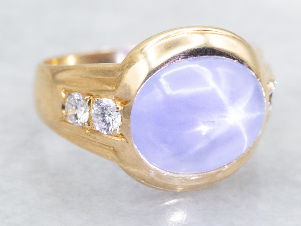 Blue Star Sapphire and Diamond Ring in Polished Gold