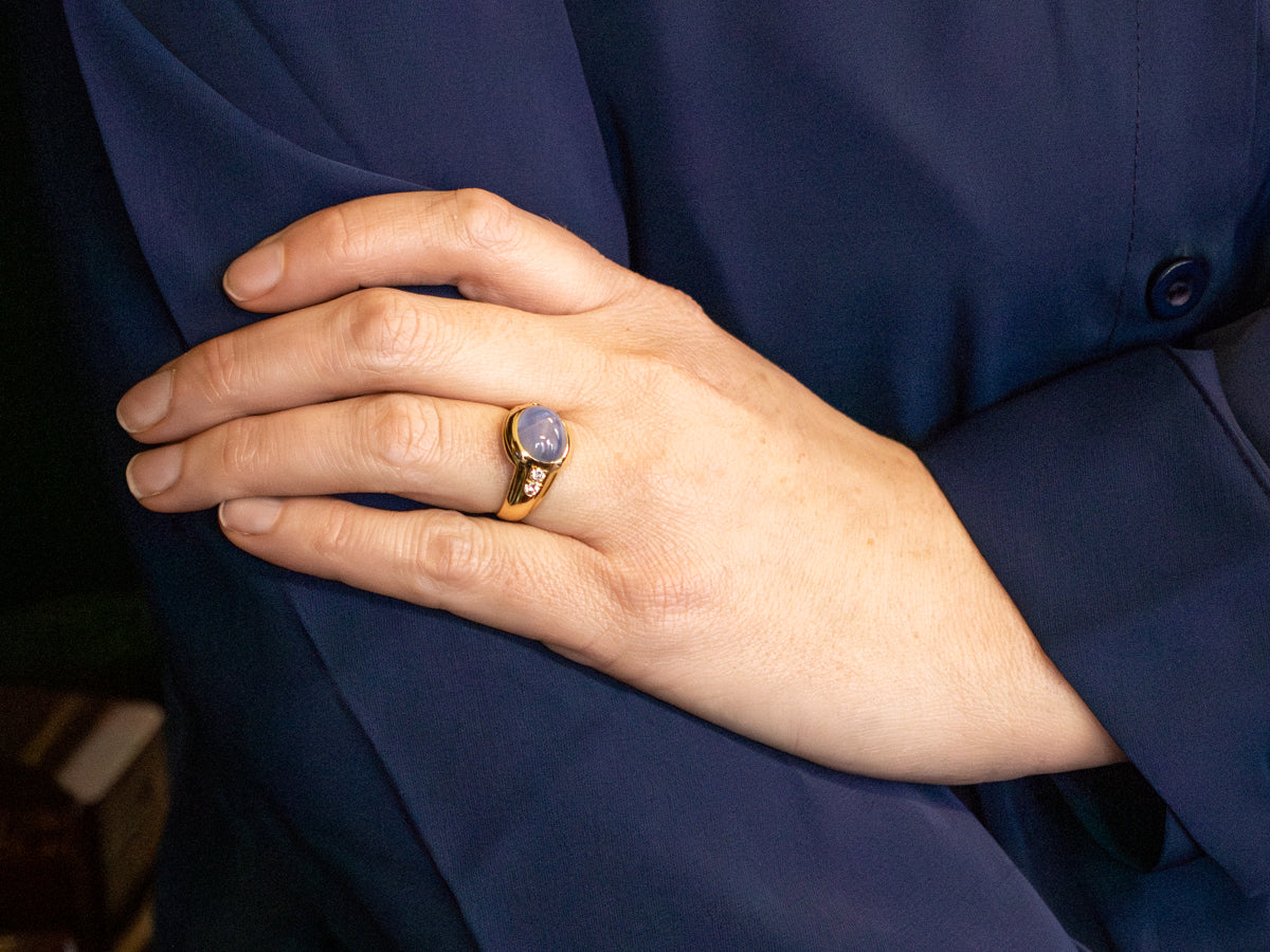 Blue Star Sapphire and Diamond Ring in Polished Gold