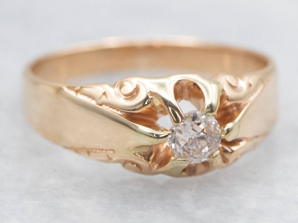 Victorian Belcher Set Old Mine Cut Diamond Solitaire Engagement Ring