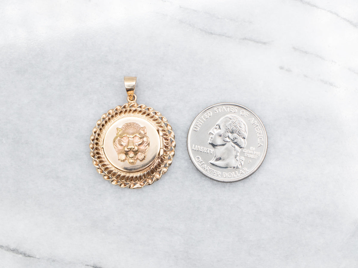 Ornate Yellow Gold Lion Head Circle Locket
