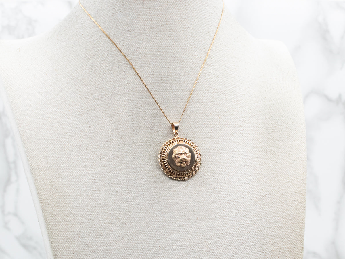 Ornate Yellow Gold Lion Head Circle Locket