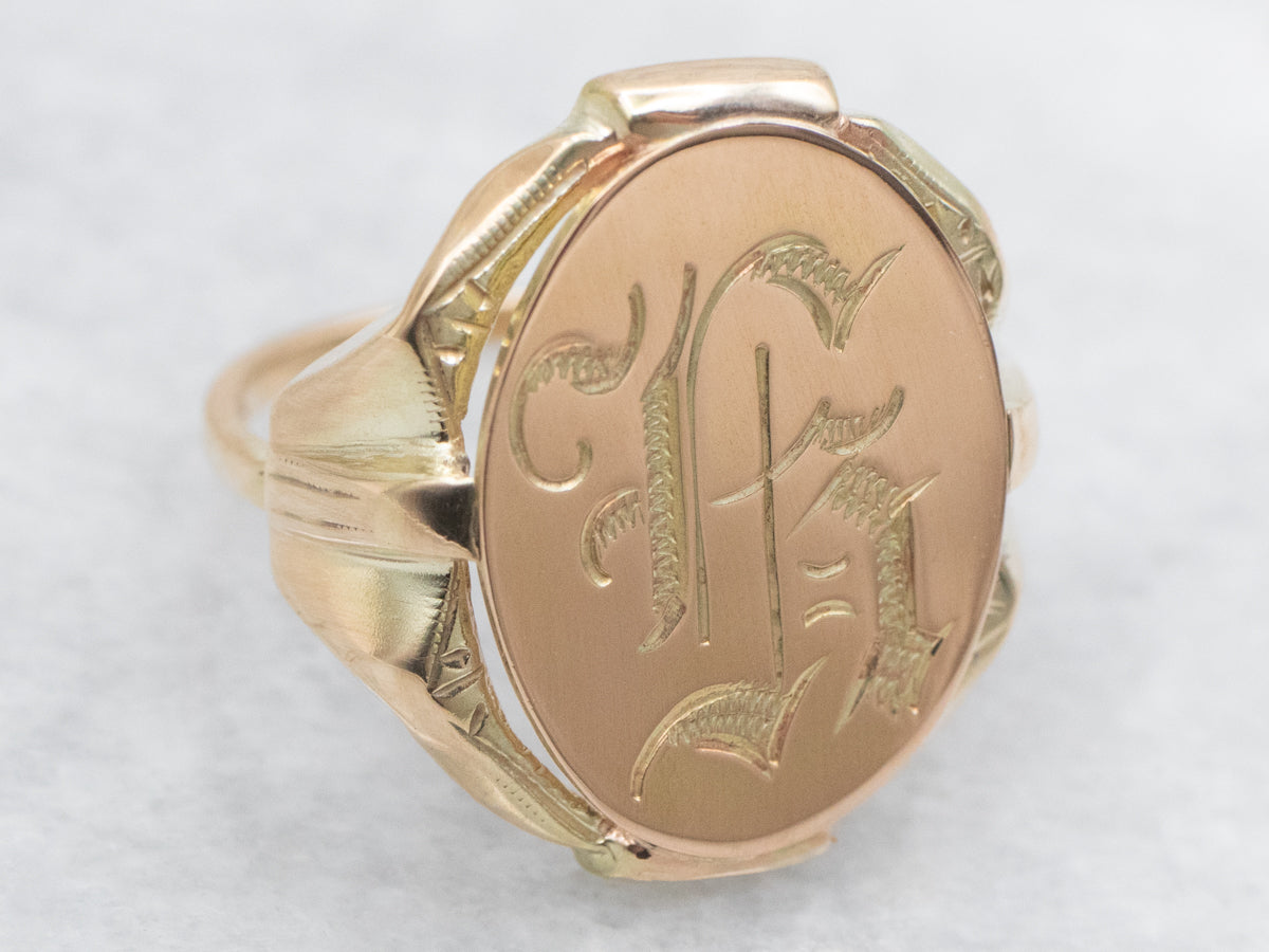 Old English Engraved Letter "H" Gold Signet Ring
