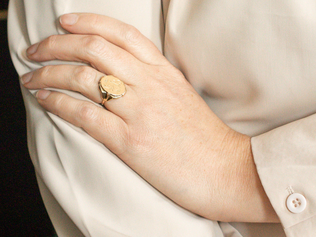 Old English Engraved Letter "H" Gold Signet Ring