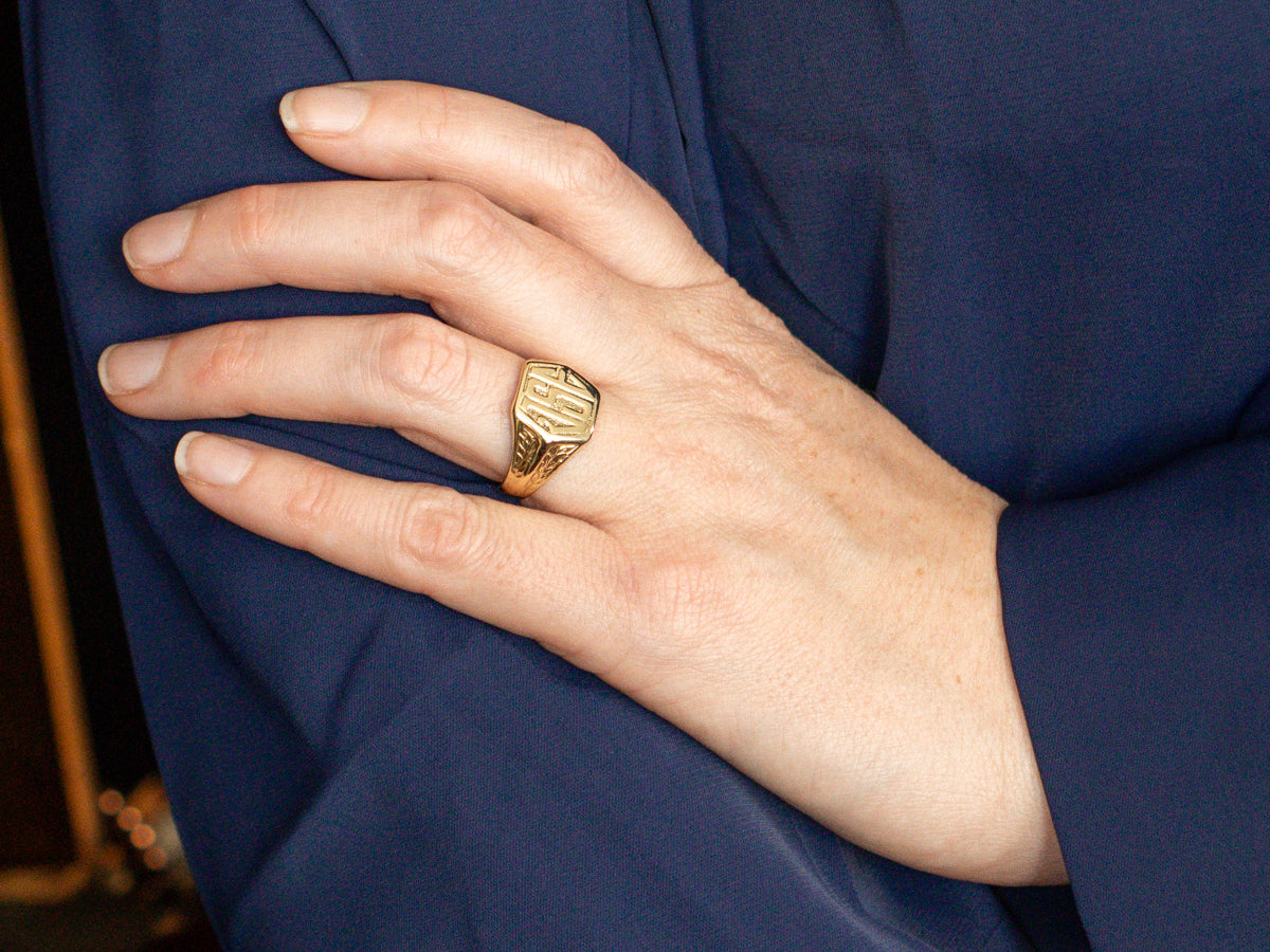 Antique Green Gold "JSE" Monogrammed Men's Signet Ring