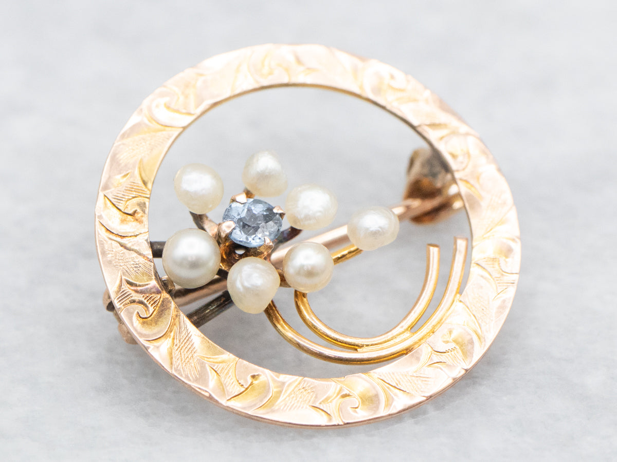 Antique Rose Gold Sapphire and Seed Pearl Floral Circle Pin