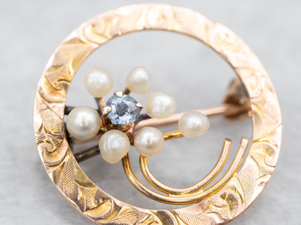 Antique Rose Gold Sapphire and Seed Pearl Floral Circle Pin