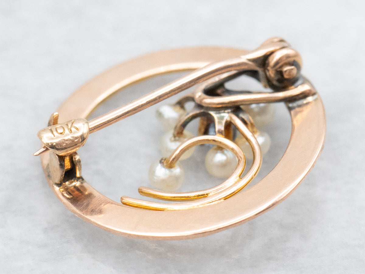 Antique Rose Gold Sapphire and Seed Pearl Floral Circle Pin