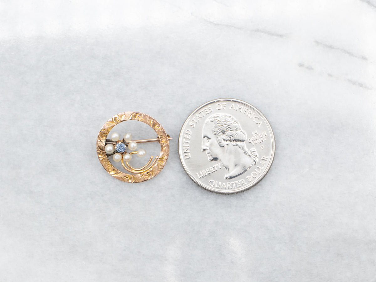 Antique Rose Gold Sapphire and Seed Pearl Floral Circle Pin