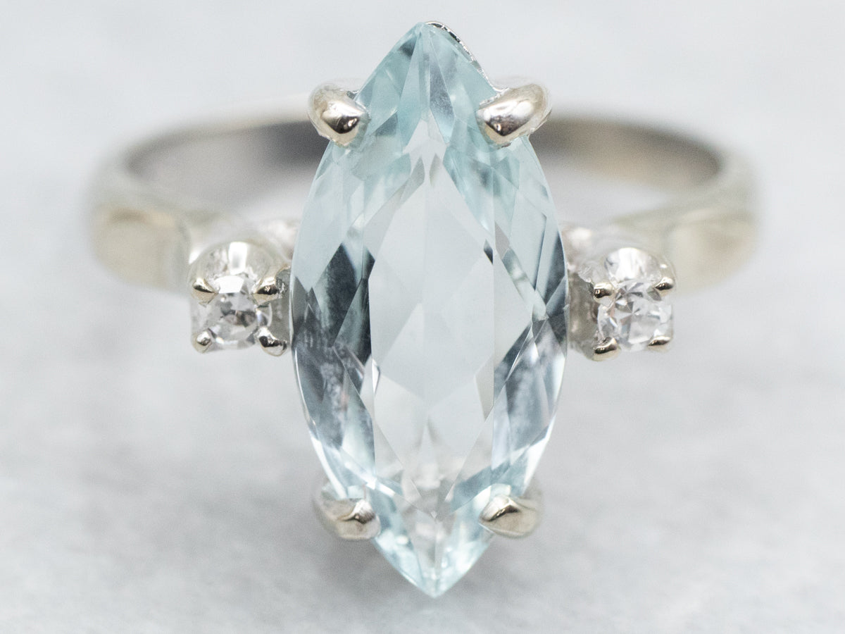 Marquise Cut Aquamarine and Diamond Ring