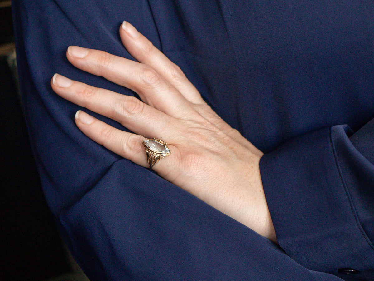 Marquise Cut Aquamarine Solitaire Filigree Ring