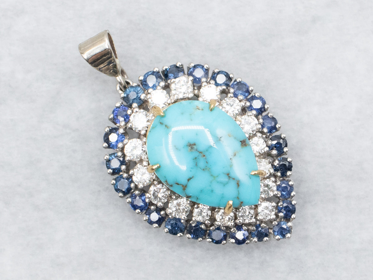 Turquoise Pendant with Sapphire and Diamond Double Halo