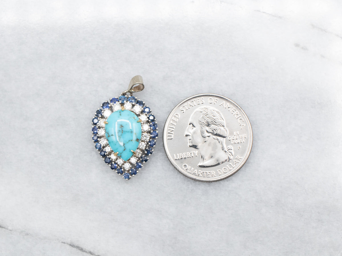 Turquoise Pendant with Sapphire and Diamond Double Halo