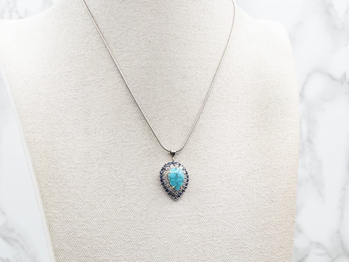 Turquoise Pendant with Sapphire and Diamond Double Halo