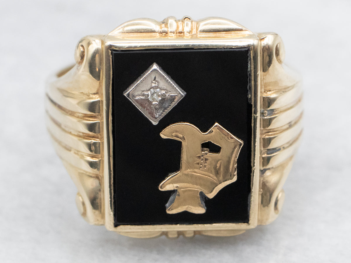 Vintage Men&#39;s &quot;P&quot; Monogram Black Onyx and Diamond Ring