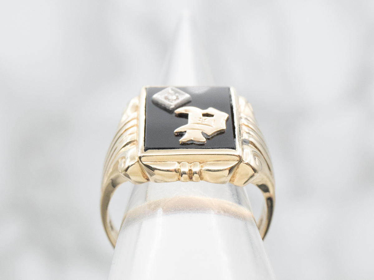 Vintage Men's "P" Monogram Black Onyx and Diamond Ring