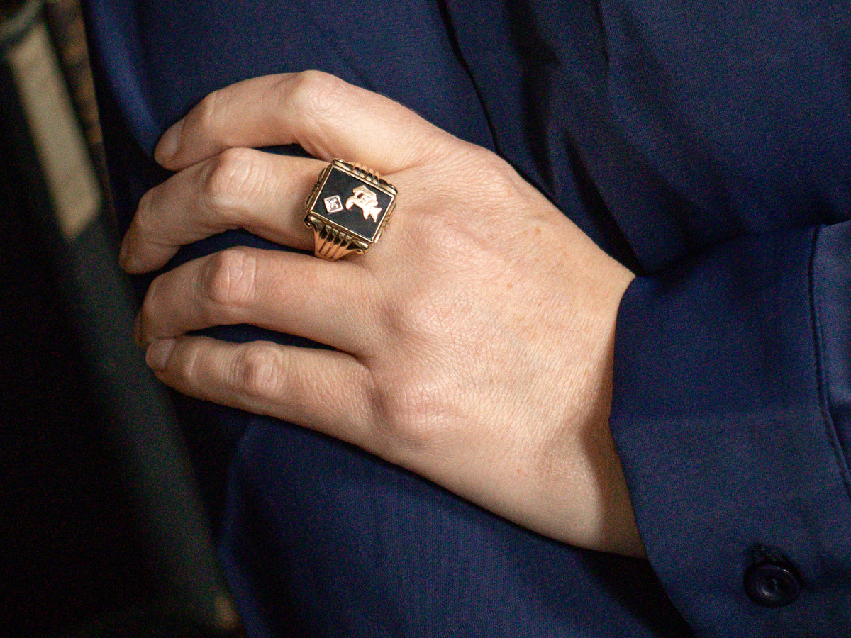Vintage Men's "P" Monogram Black Onyx and Diamond Ring